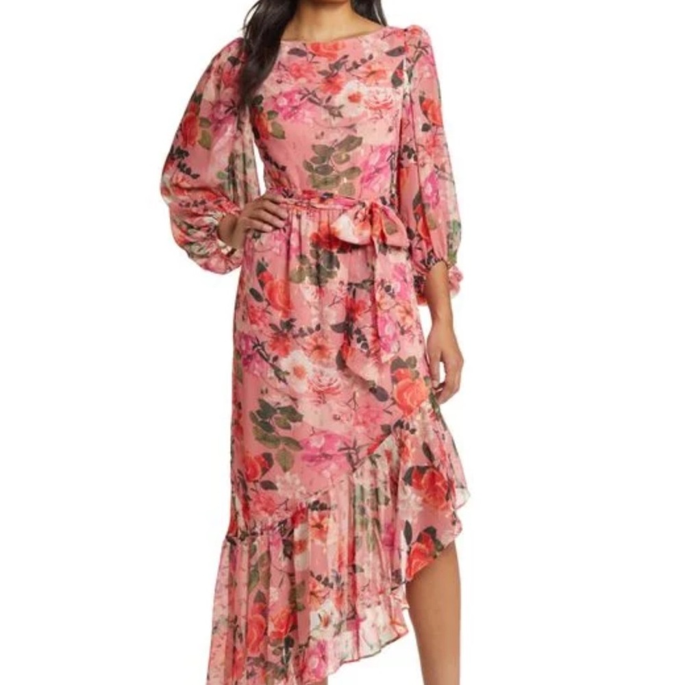 Eliza J Women’s Red Floral Balloon Sleeve Asymmetric Maxi Dress